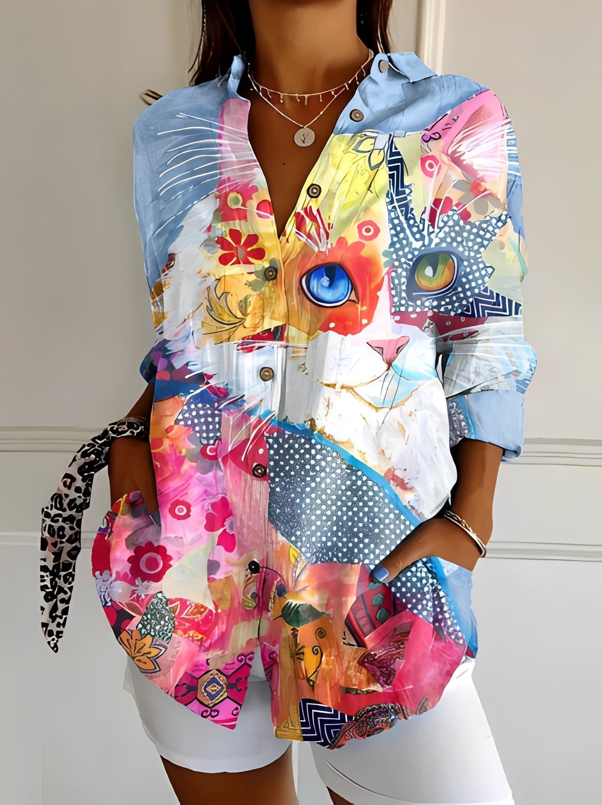 Women's Long Sleeve Blouse with V-Neck and Print - 3