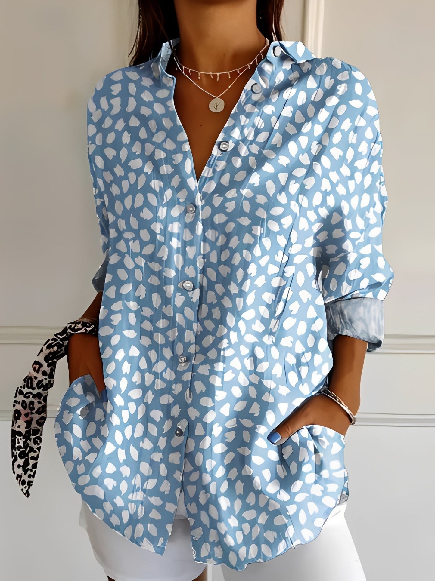 Femme Blouse Longue Manche avec Col en V et Imprimé