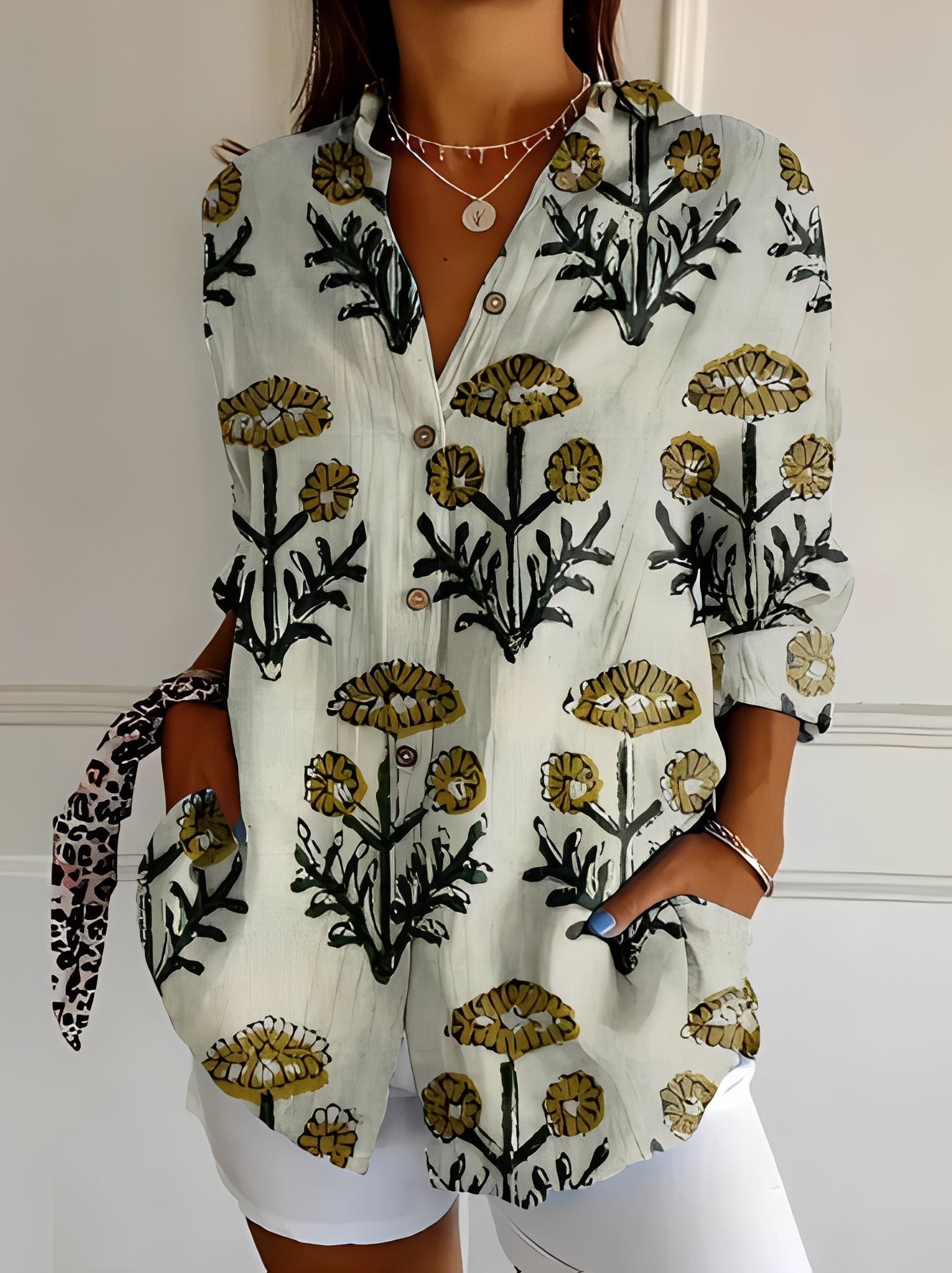 Women's Long Sleeve Blouse with V-Neck and Print - 5