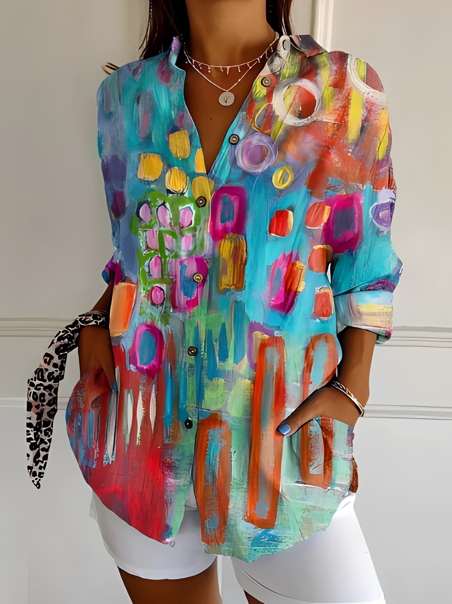 Women's Long Sleeve Blouse with V-Neck and Print - 6