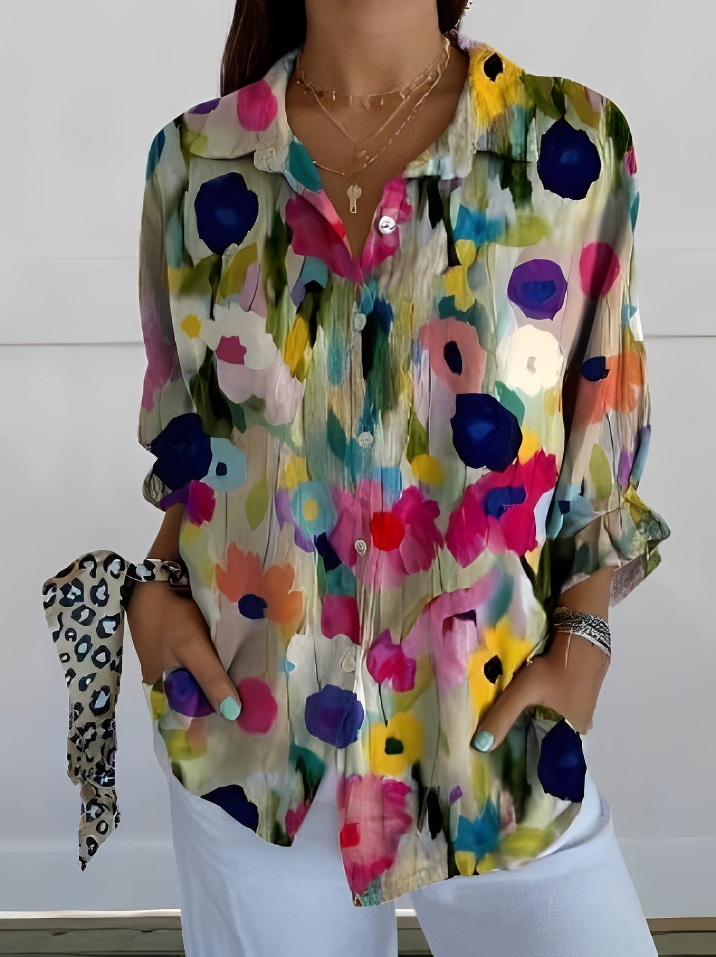 Femme Blouse Longue Manche avec Col en V et Imprimé