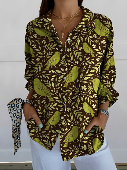 Women's Long Sleeve Blouse with V-Neck and Print - 9