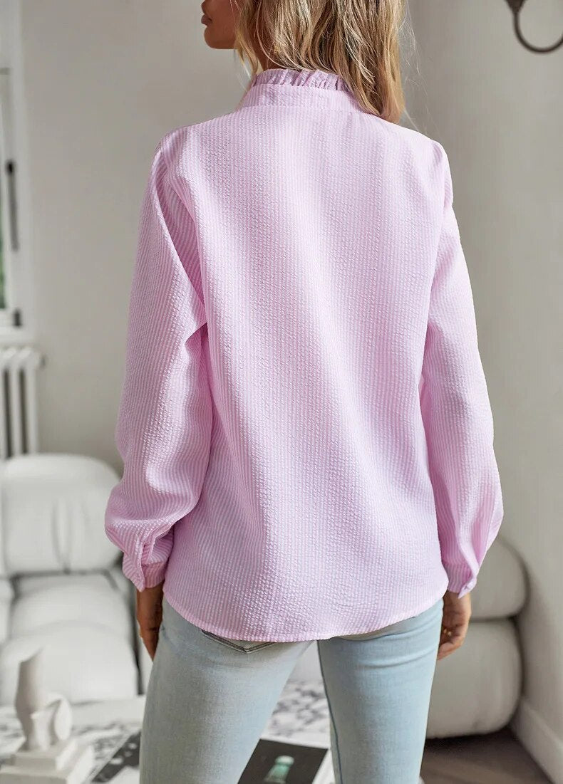 Femme Blouse Longue Manche avec Col Froncé et Volants sur le Devant