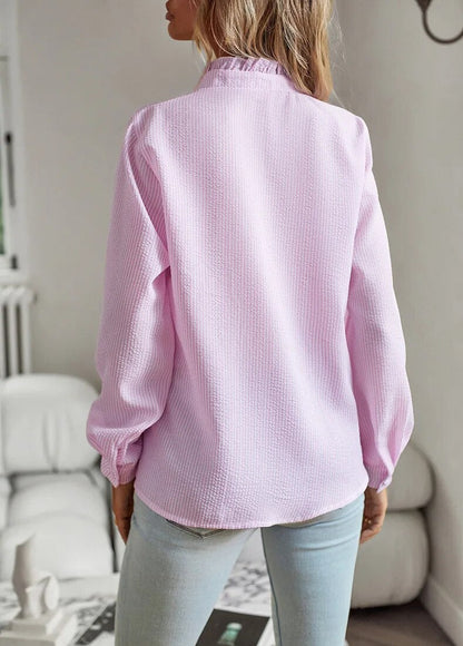Women's Long Sleeve Blouse with Ruffled Collar and Front Ruffles - 11