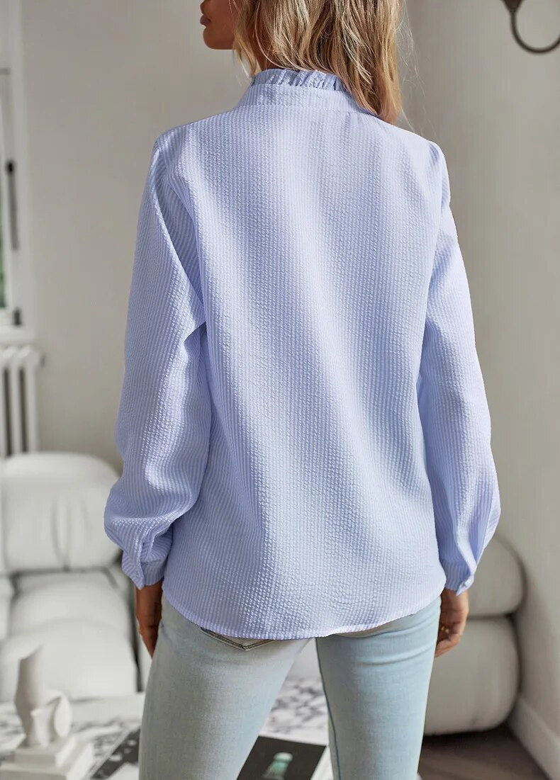 Femme Blouse Longue Manche avec Col Froncé et Volants sur le Devant