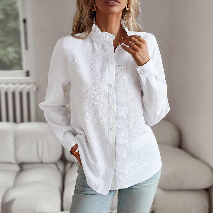 Femme Blouse Longue Manche avec Col Froncé et Volants sur le Devant