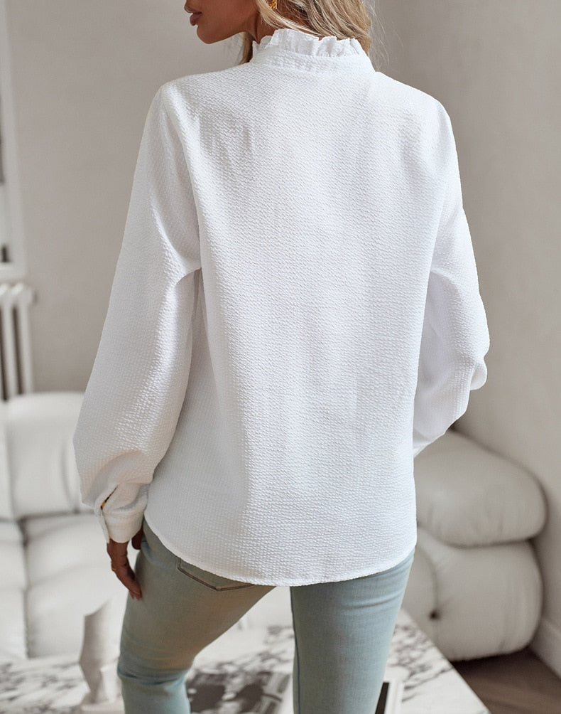 Femme Blouse Longue Manche avec Col Froncé et Volants sur le Devant
