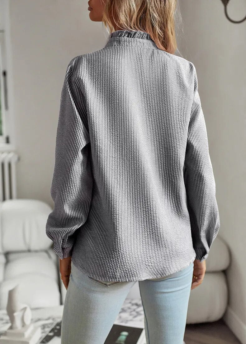 Femme Blouse Longue Manche avec Col Froncé et Volants sur le Devant