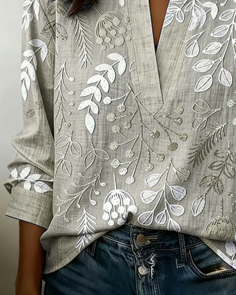 Femme Blouse Longues Manches col V avec Imprimé Botanique
