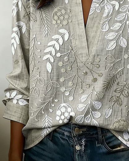 Women’s Long Sleeve Blouse with V-Neck and Botanical Print - 8