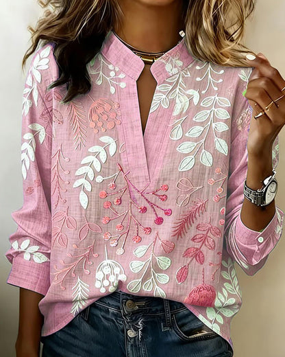 Women’s Long Sleeve Blouse with V-Neck and Botanical Print - 9