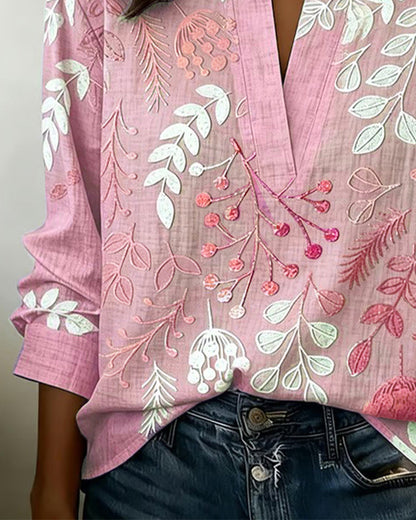 Women’s Long Sleeve Blouse with V-Neck and Botanical Print - 10
