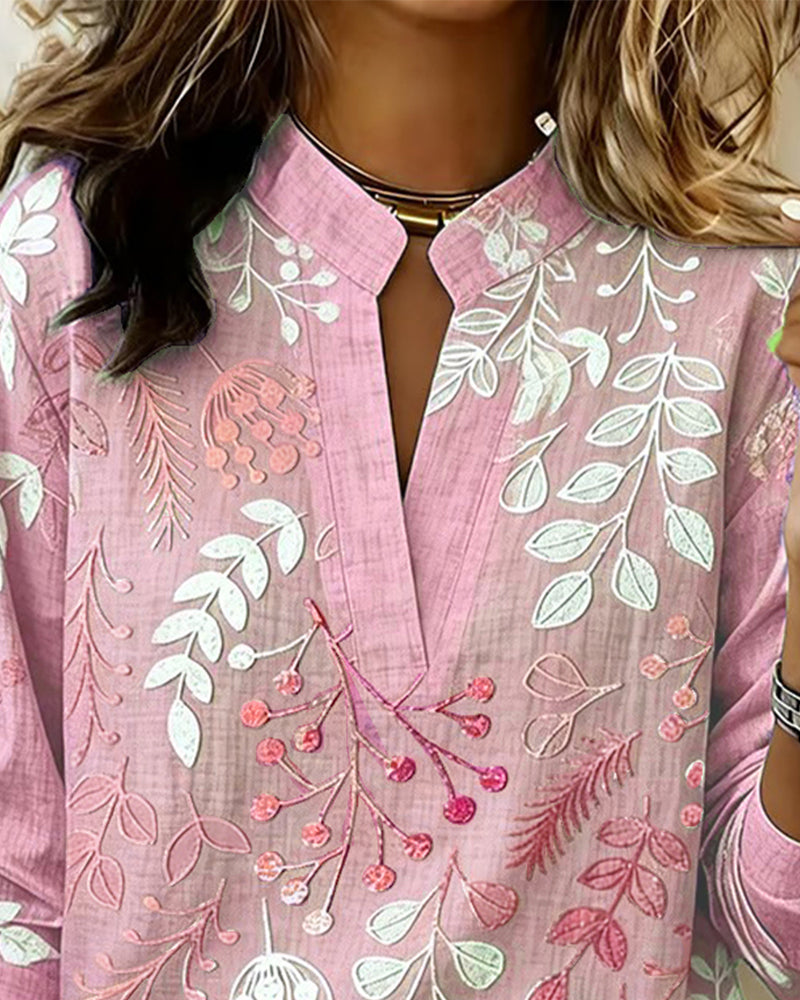 Femme Blouse Longues Manches col V avec Imprimé Botanique