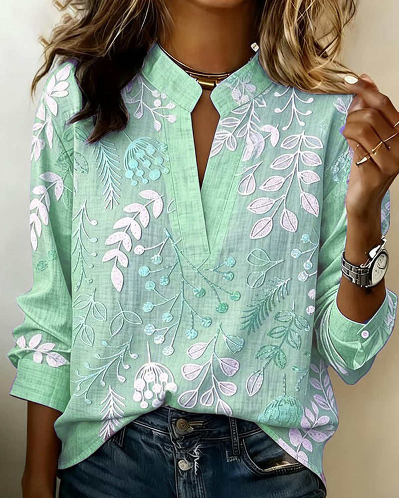Women’s Long Sleeve Blouse with V-Neck and Botanical Print - 12
