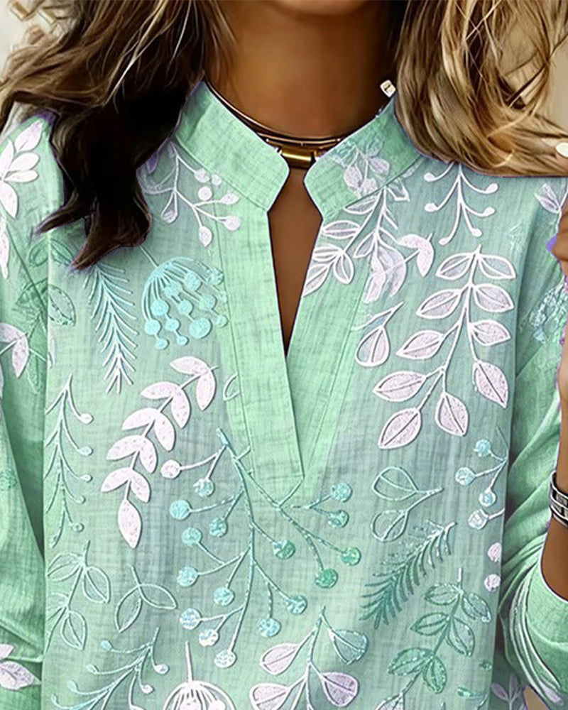 Femme Blouse Longues Manches col V avec Imprimé Botanique