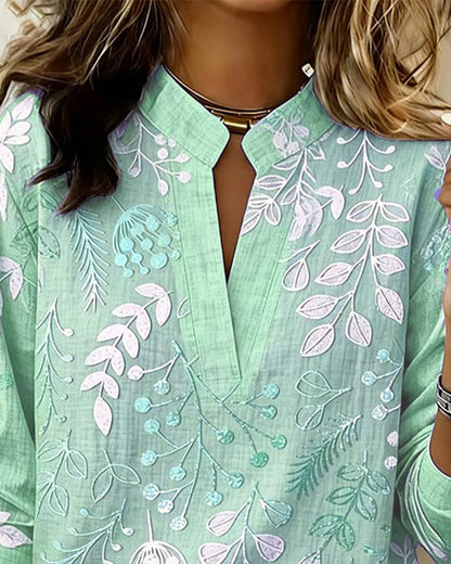 Women’s Long Sleeve Blouse with V-Neck and Botanical Print - 13