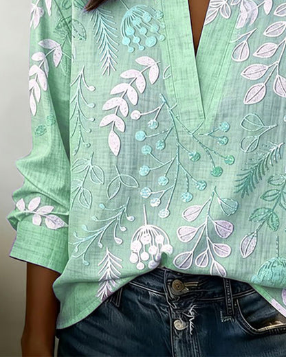 Women’s Long Sleeve Blouse with V-Neck and Botanical Print - 14
