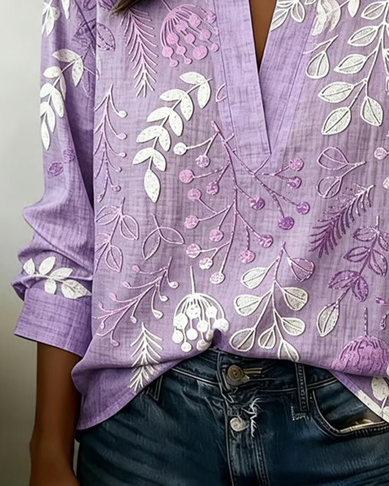 Femme Blouse Longues Manches col V avec Imprimé Botanique