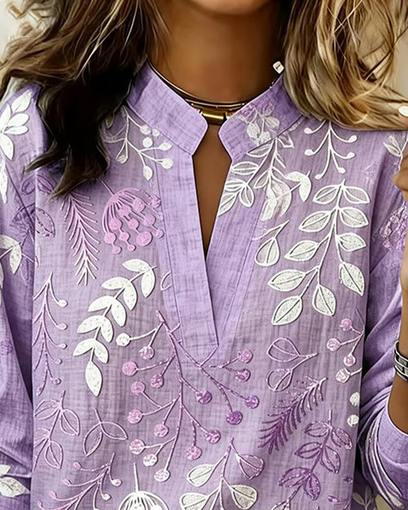 Femme Blouse Longues Manches col V avec Imprimé Botanique