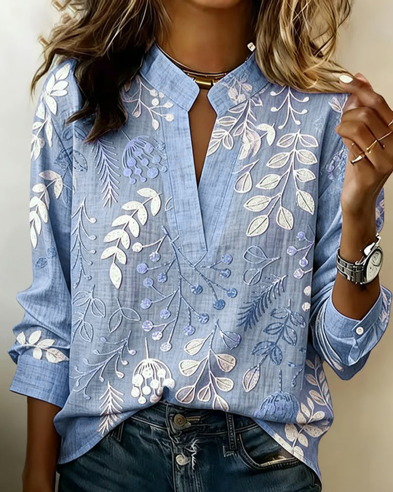 Femme Blouse Longues Manches col V avec Imprimé Botanique