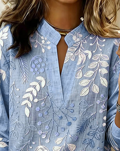 Women’s Long Sleeve Blouse with V-Neck and Botanical Print - 5