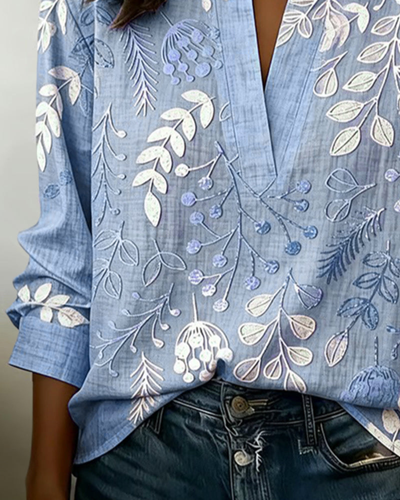 Femme Blouse Longues Manches col V avec Imprimé Botanique