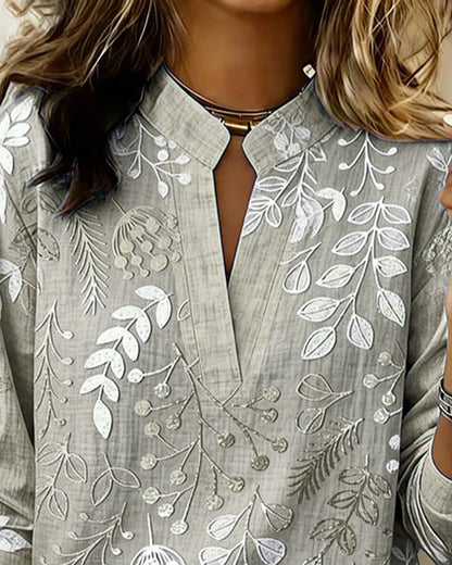 Women’s Long Sleeve Blouse with V-Neck and Botanical Print - 7