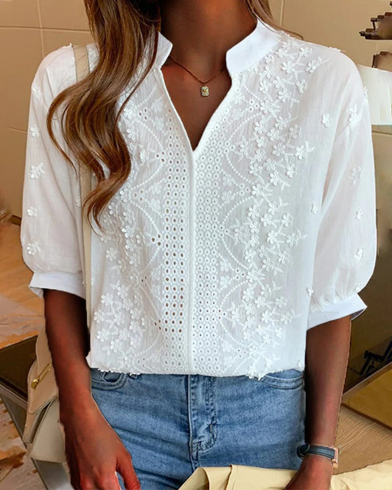 Femme Blouse Manches Bouffantes avec Col en V et Broderie Florale