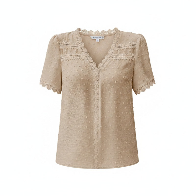 Femme Blouse Manches Courtes avec Col en V et Détails en Dentelle