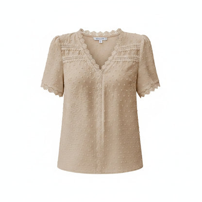 Women's Short Sleeve Blouse with V-Neck and Lace Details - 1