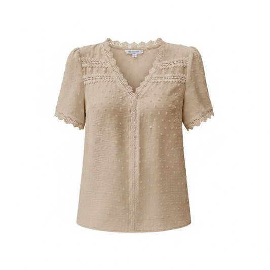 Femme Blouse Manches Courtes avec Col en V et Détails en Dentelle