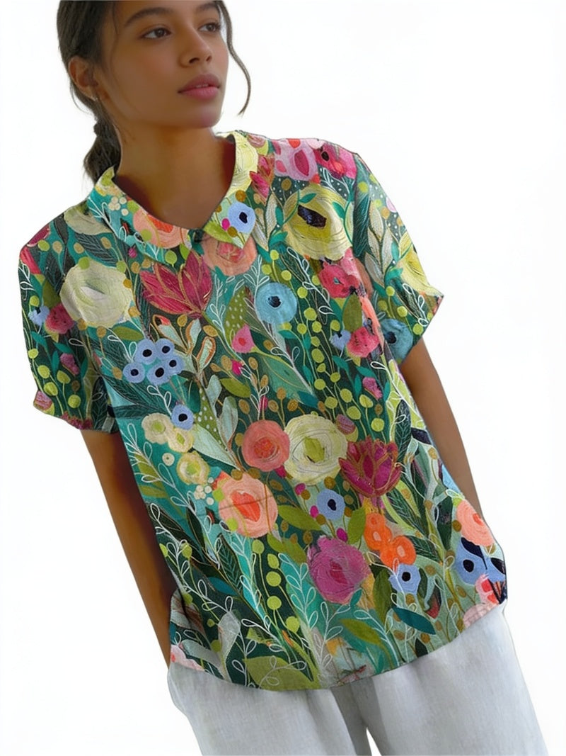 Femme Blouse Manches Courtes avec Col Rabattu et Imprimé Artistique