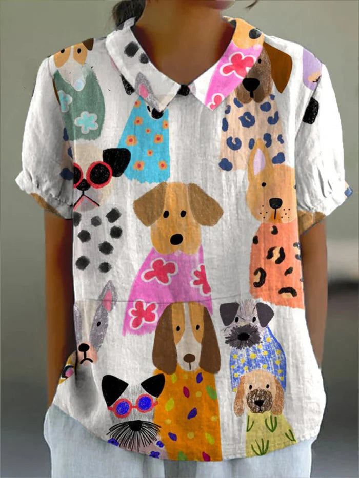 Femme Blouse Manches Courtes avec Col Rabattu et Imprimé Artistique