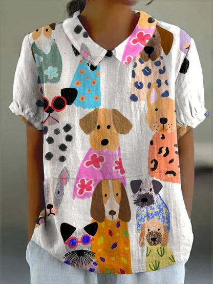Femme Blouse Manches Courtes avec Col Rabattu et Imprimé Artistique