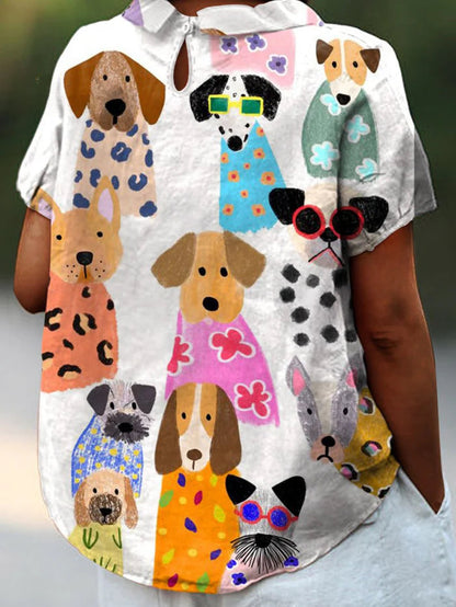 Femme Blouse Manches Courtes avec Col Rabattu et Imprimé Artistique