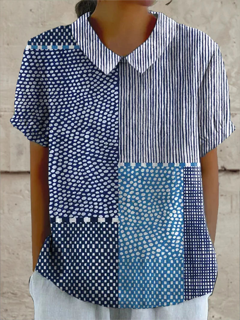 Femme Blouse Manches Courtes avec Col Rabattu et Imprimé Artistique