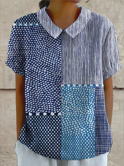 Femme Blouse Manches Courtes avec Col Rabattu et Imprimé Artistique