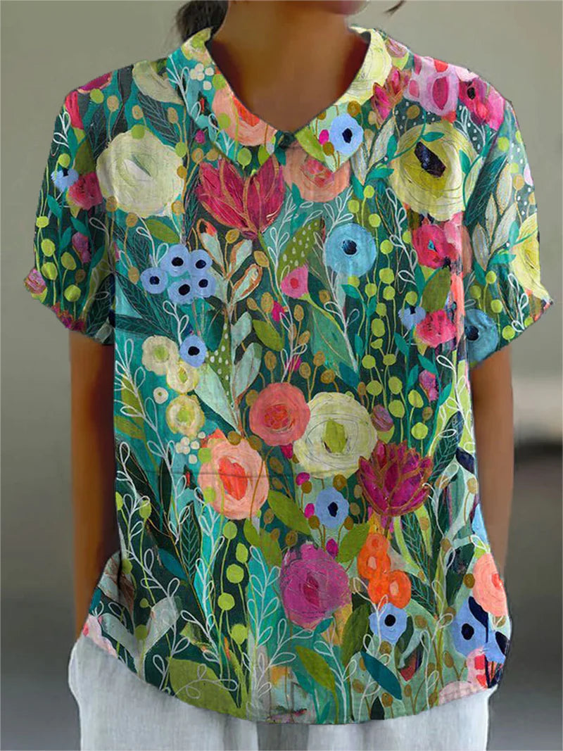 Femme Blouse Manches Courtes avec Col Rabattu et Imprimé Artistique