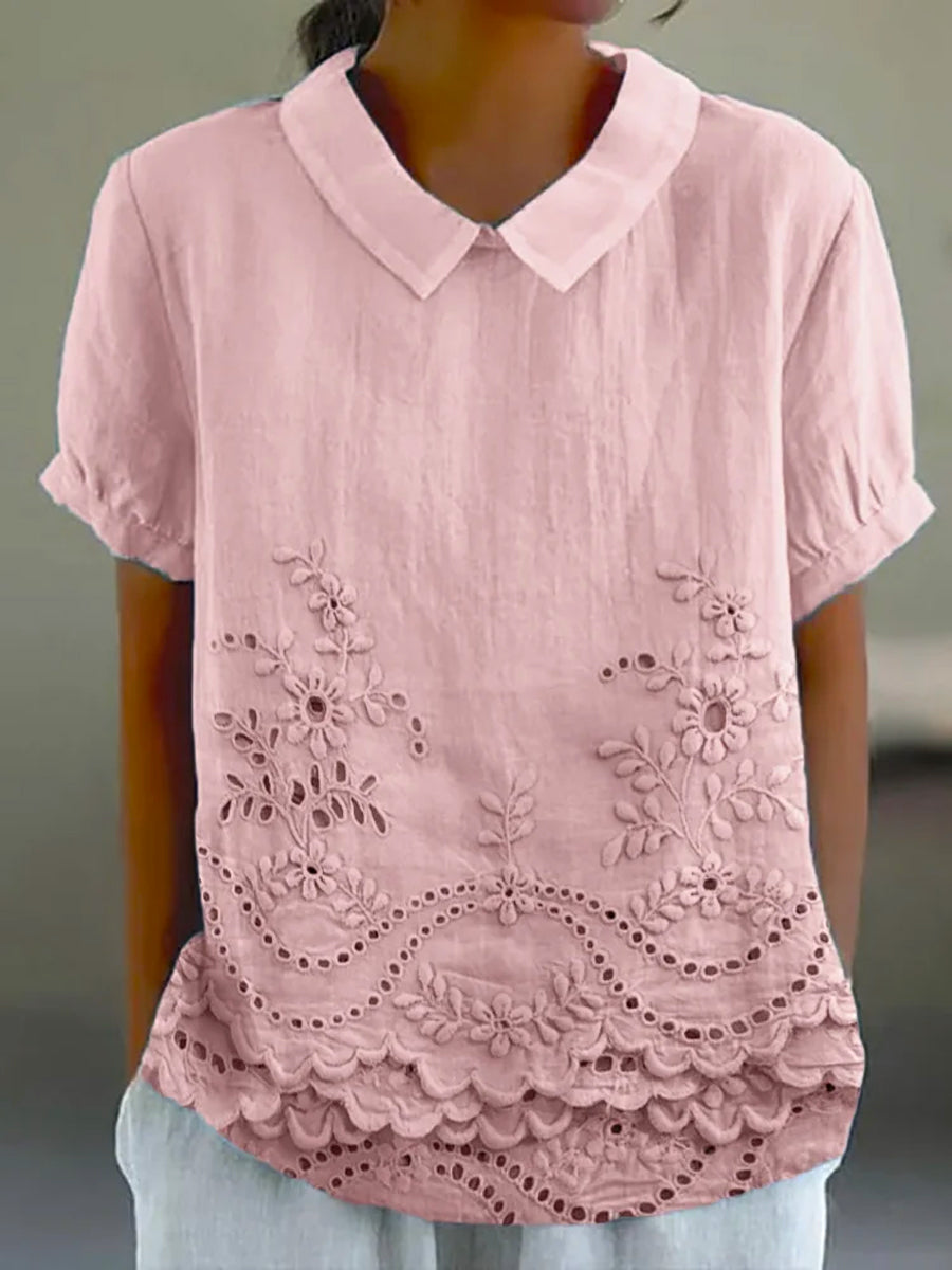 Femme Blouse Manches Courtes avec Col Rabattu et Imprimé Artistique