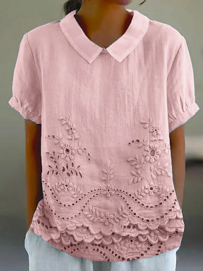 Femme Blouse Manches Courtes avec Col Rabattu et Imprimé Artistique
