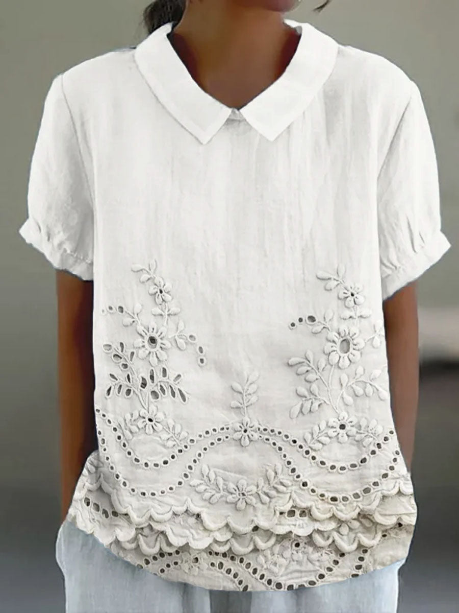 Femme Blouse Manches Courtes avec Col Rabattu et Imprimé Artistique