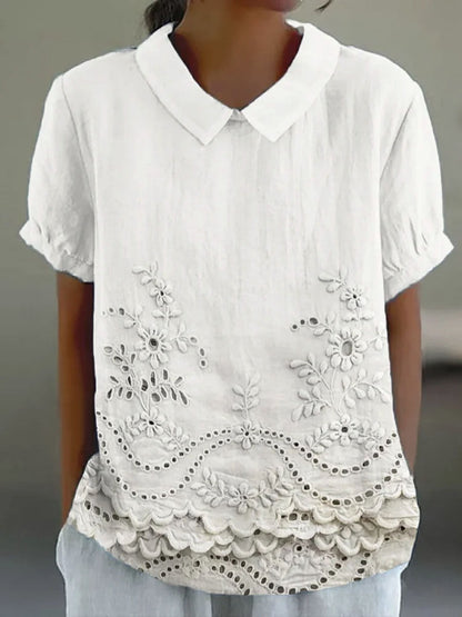 Femme Blouse Manches Courtes avec Col Rabattu et Imprimé Artistique