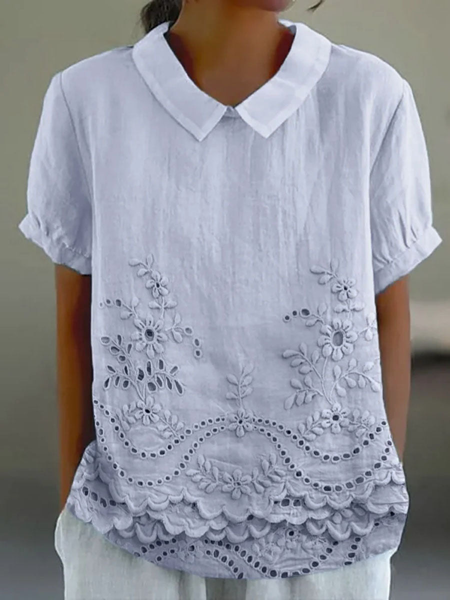 Femme Blouse Manches Courtes avec Col Rabattu et Imprimé Artistique