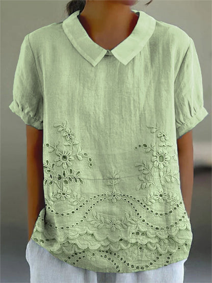 Femme Blouse Manches Courtes avec Col Rabattu et Imprimé Artistique
