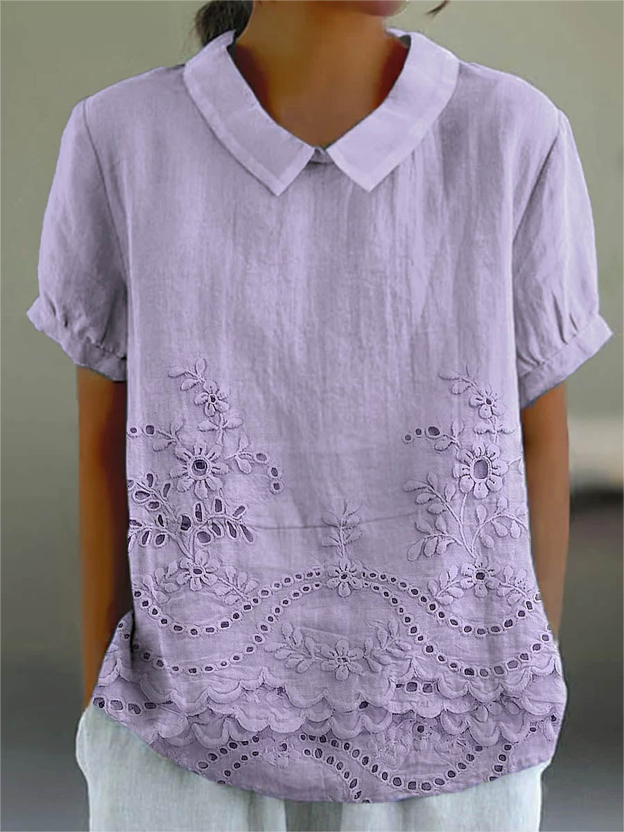 Femme Blouse Manches Courtes avec Col Rabattu et Imprimé Artistique
