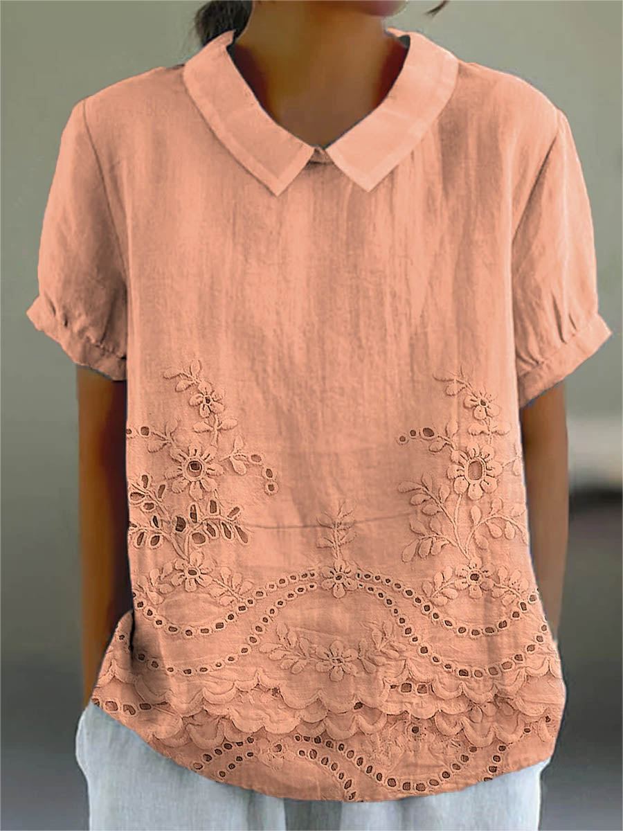 Femme Blouse Manches Courtes avec Col Rabattu et Imprimé Artistique