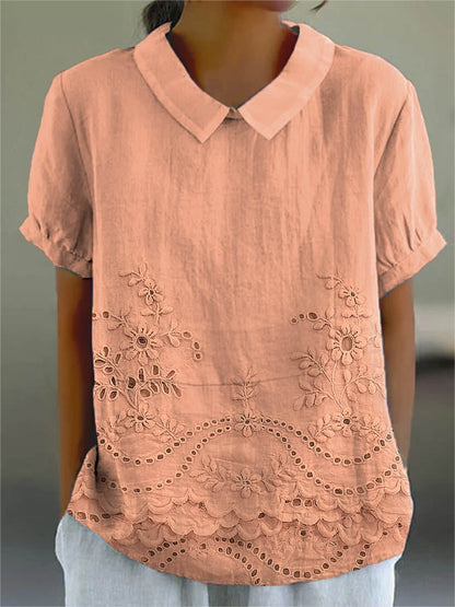 Femme Blouse Manches Courtes avec Col Rabattu et Imprimé Artistique