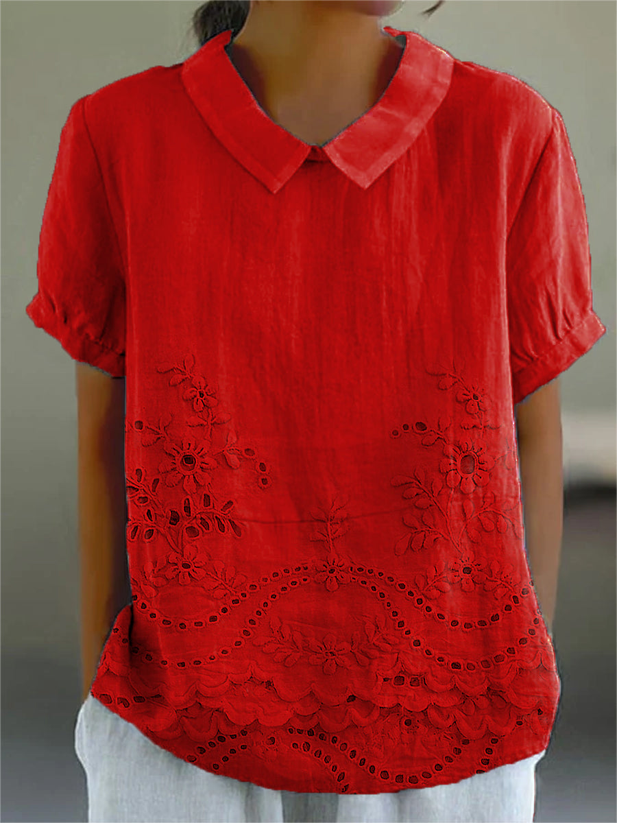 Femme Blouse Manches Courtes avec Col Rabattu et Imprimé Artistique