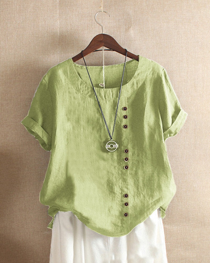 Women's Short Sleeve Blouse with Rolled Sleeves, Round Neck, and Buttons - 10