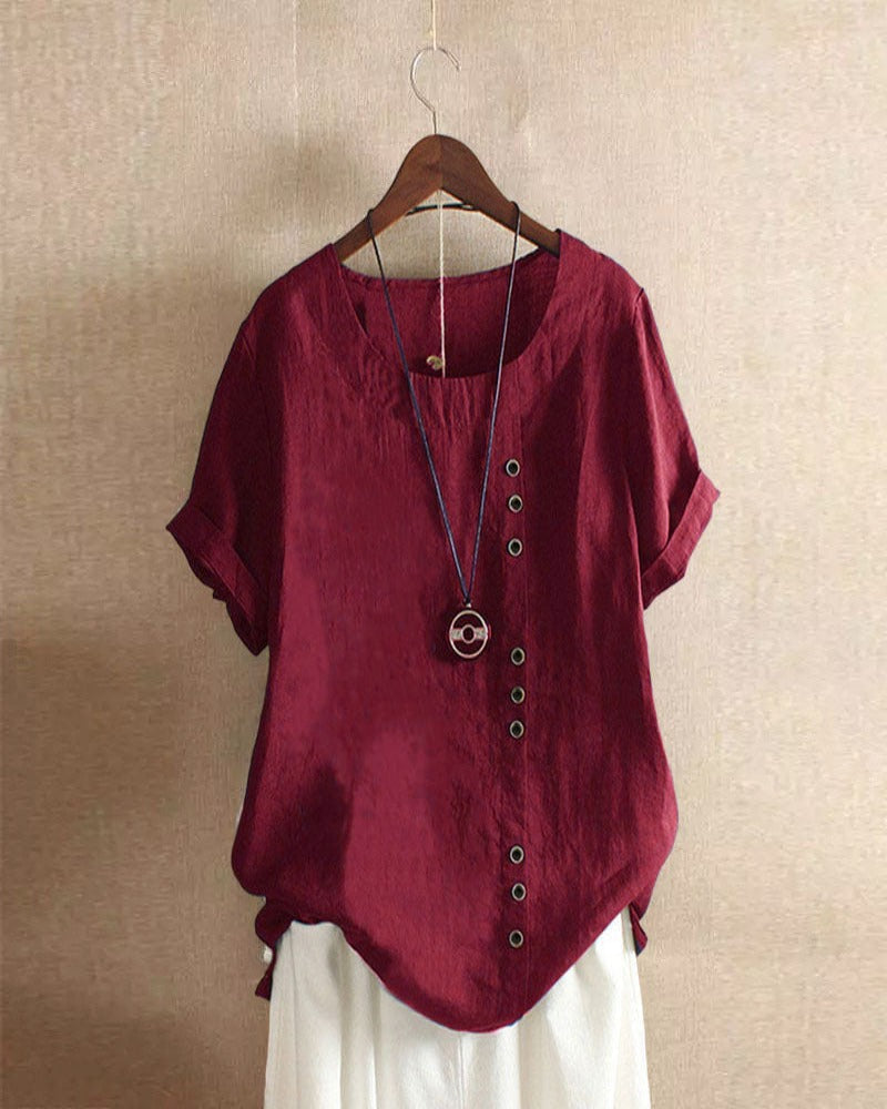 Femme Blouse Manches Courtes Retroussées col Rond avec Boutons